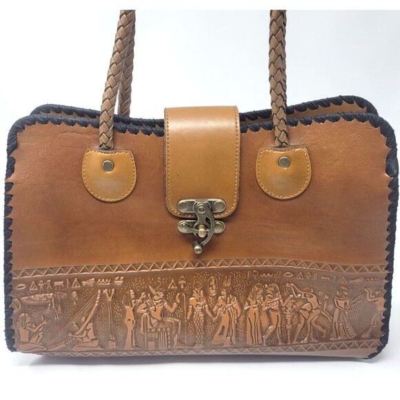 Leather Shoulder Bag - Tooled Heiroglyphics - Vintage Purse - Picture 1 of 13